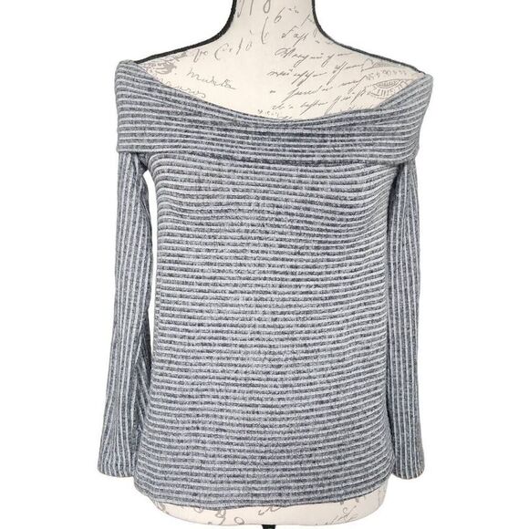 Express Women's Size Small Gray Stripe Off Shoulder Soft Long Sleeve Top - Picture 1 of 5